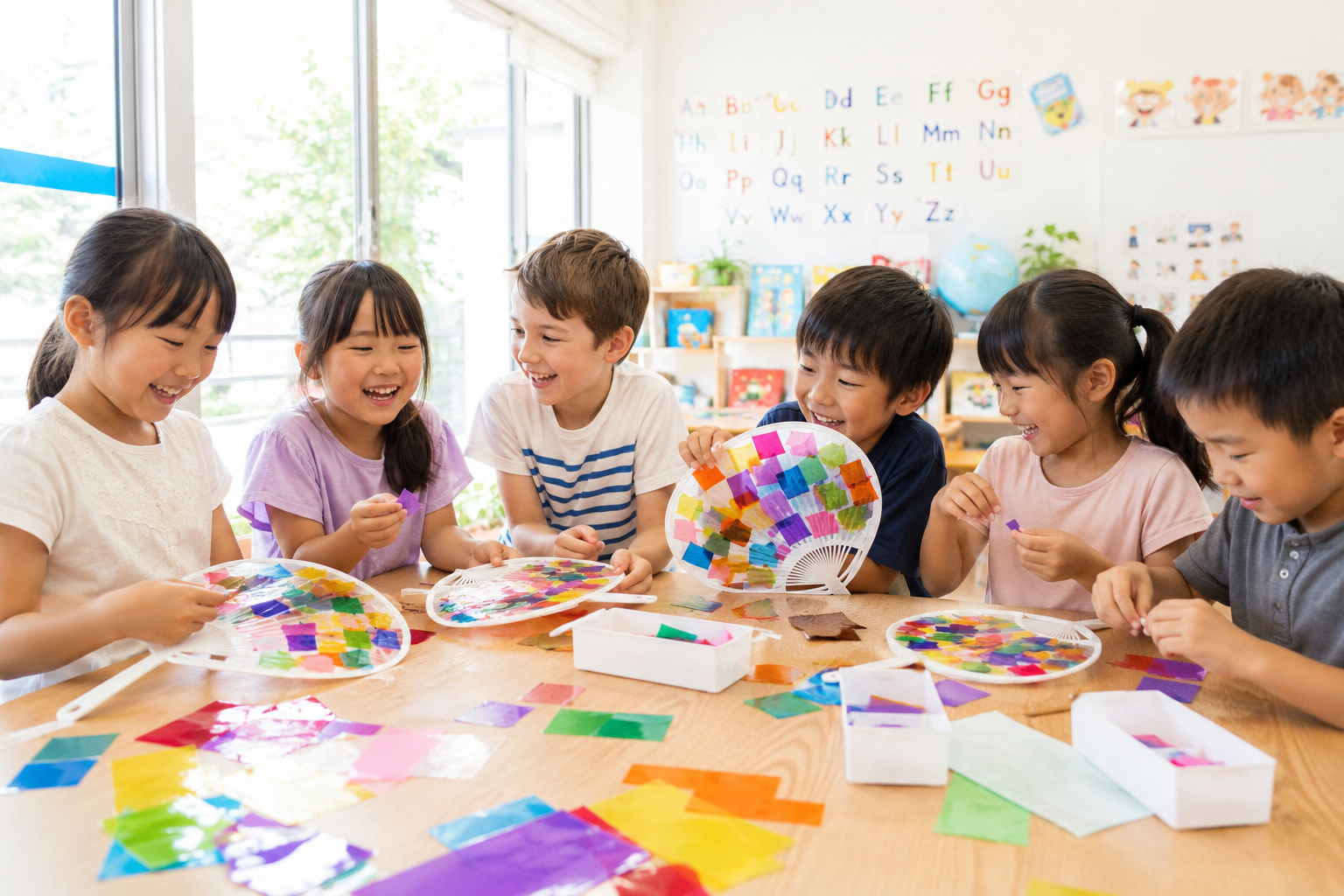 みんなでカラフルなオリジナルうちわを作るようす